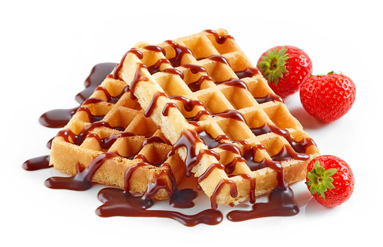 waffles with strawberries and chocolate sauce