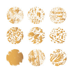 Set of hand drawn golden brush circles with rough edge.