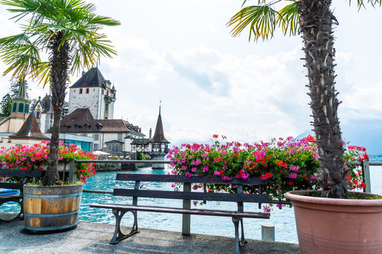 Oberhofen Castle with Thun Lake background in Switzerland