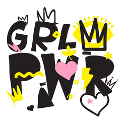 GRL PWR short quote. Girl Power cute hand drawing illustration for print, brochure, greeting card, bag, clothing. To stick on laptop, phone, wall. Modern motivational text, feminist tattoo trend