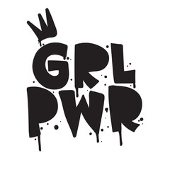 GRL PWR short quote. Girl Power cute hand drawing illustration for print, brochure, greeting card, bag, clothing. To stick on laptop, phone, wall. Modern motivational text, feminist tattoo trend
