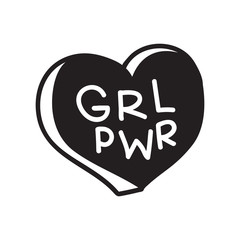 GRL PWR short quote. Girl Power cute hand drawing illustration for print, brochure, greeting card, bag, clothing. To stick on laptop, phone, wall. Modern motivational text, feminist tattoo trend