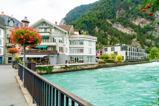Interlaken town with Thunersee river, Switzerland