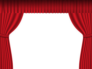 Open red curtains on white background.