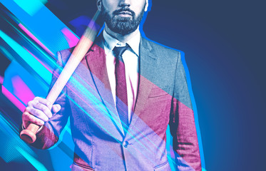 Businessman with baseball bat, abstract copy space