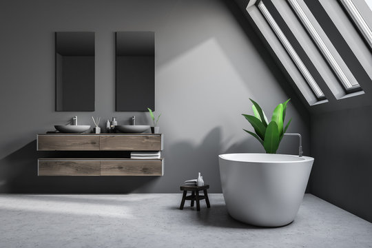 Attic luxury bathroom interior, gray close up