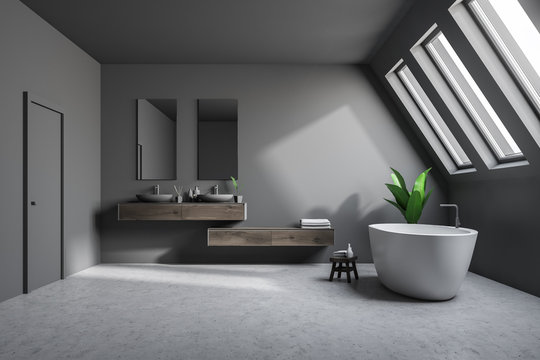 Attic luxury bathroom interior, gray