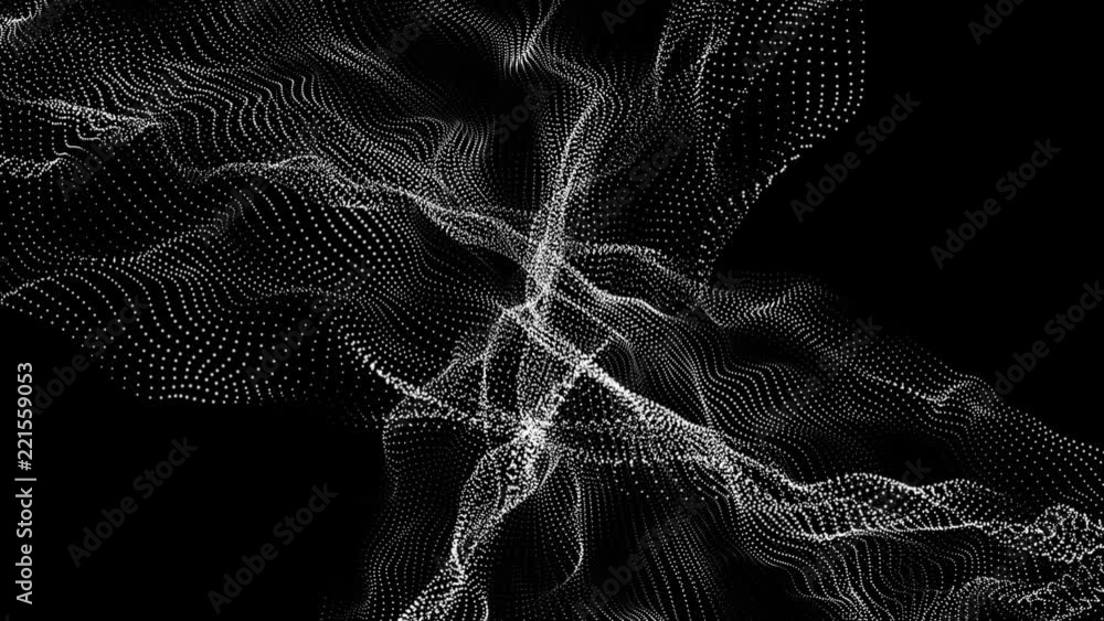 Poster white particles in futuristic forms slowly move against a black background. abstract background. 3d 