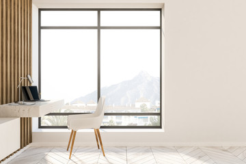 Obraz na płótnie Canvas White and wood loft home office interior, laptop