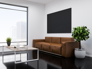 White and black office waiting room, TV screen