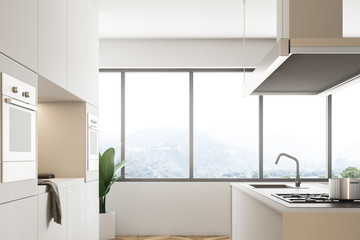 White kitchen corner with island side view