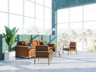 Blue green living room, large windows, tropics