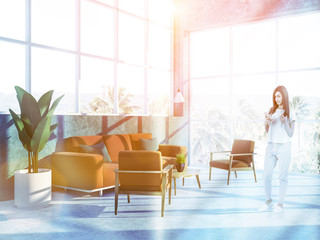 Woman in hotel suite at tropical resort