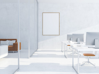 White wall office workplace, lounge and poster