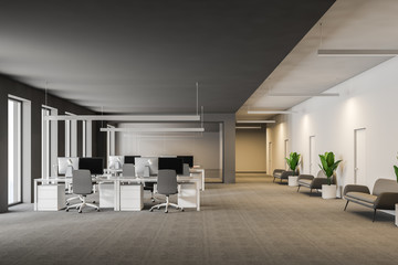 Gray office workplace and meeting room perspective
