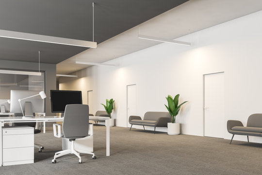 Gray and white office workplace with couches