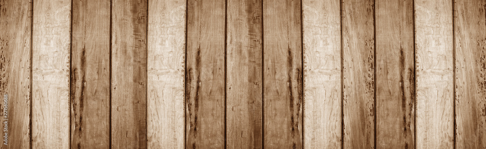 Wall mural Panorama of old rustic natural grunge brown wood texture free background surface pattern.