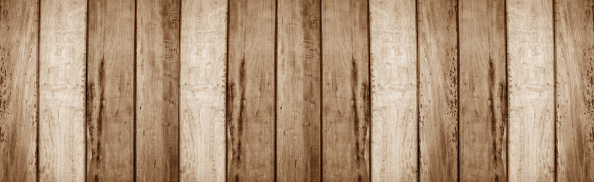 Panorama of old rustic natural grunge brown wood texture free background surface pattern.
