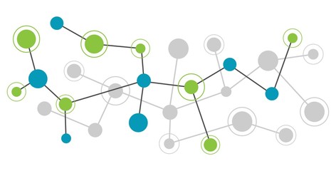 Abstract blue, green, grey technology background. Colored molecule or network structure image
