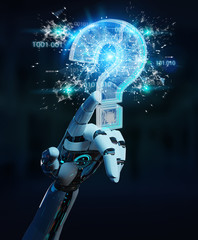 Cyborg solving problem with digital question marks 3D rendering