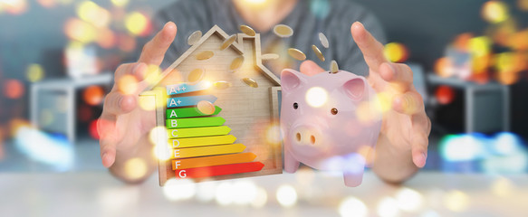 Businessman saving money with good energy chart rating 3D rendering