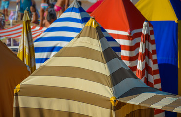 Typical beach shed on the beach of San Lorenzo, Gijón, Asturias, Spain