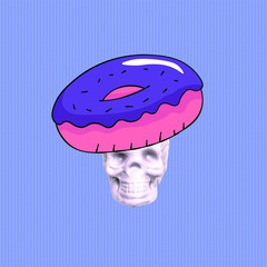 Contemporary art collage. Skull Donuts lover.Funny Fast food minimal project