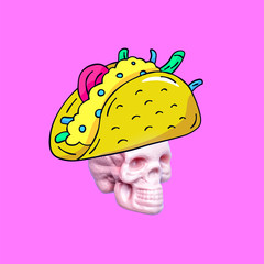 Contemporary art collage. Tacos mexicano Skull Funny Fast food minimal project