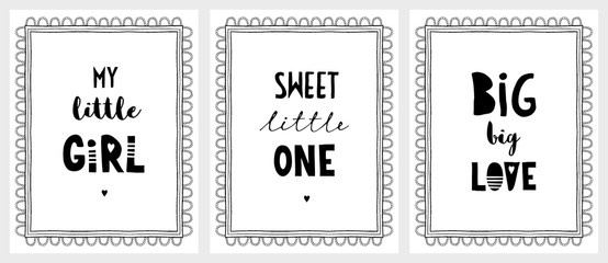 Hand Drawn Posters with a Cute Quotes. Delicate Lace Style Frame. White Background. Black Simple Design. Infantile Illustration Set.