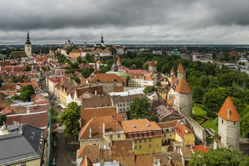 Breathtaking aerial view of the medieval towers and the old town of Tallinn, Estonia, from the top...