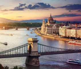 Tableaux ronds sur aluminium brossé Budapest Parlement et ponts