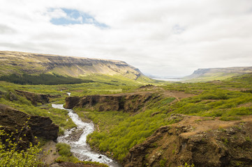 Beautiful Glymur waterfall area on the edge of Hvalfjordur fjord, Iceland