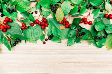 Autumn floral composition. Frame with fall and autumn flowers, seeds, berries and leaves. Flat lay, top view, wooden texture.
