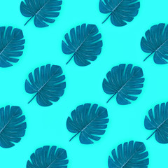Tropical palm monstera leaves lies on a pastel colored paper. Nature summer concept pattern. Flat...