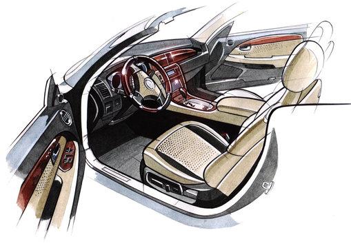 Drawing of the exclusive interior design of the car with the elaboration of all the elements of the modern passenger compartment of the vehicle.