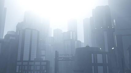 Fototapeta na wymiar A modern city in the morning in a fog. Skyscrapers in the fog. 