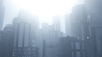 Fototapeta premium A modern city in the morning in a fog. Skyscrapers in the fog. 