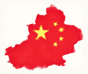 Xinjiang China watercolor map with Chinese national flag illustration