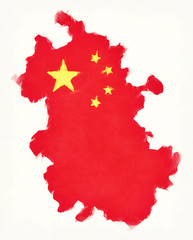 Anhui China watercolor map with Chinese national flag illustration