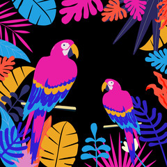 Tropical jungle leaves background with parrots. Colorful tropical poster design. Exotic leaves, plants and branches art print. Parrots bird wallpaper, fabric, textile vector illustration design