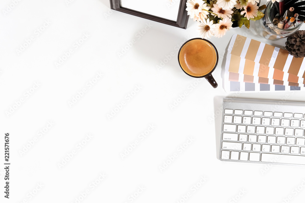 Poster top view office desk with designer table a pantone, coffee and notebook paper sketch on white table 
