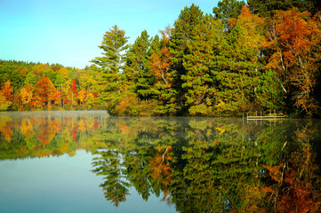 Autumn trees reflection on lakeshore clear lake