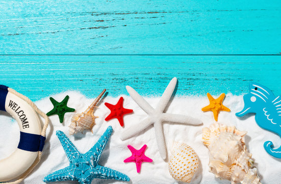 white sand and sea shells and starfishes and buoy and seahorse as summer holidays concepts