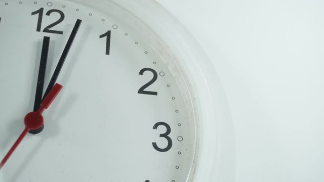 Clock display walking Lunch time on white background, large analog clock face, Close up.