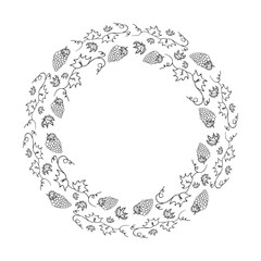 Hand drawn grape vine round frame. Vector. Isolated. Floral design wreath.