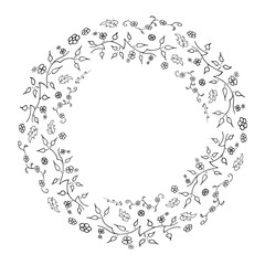 Hand drawn round frame. Vector. Isolated. Floral design wreath.
