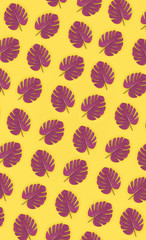 Tropical palm monstera leaves lies on a pastel colored paper. Nature summer concept pattern. Flat...