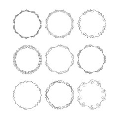 Hand drawn set of round frames. Vector isolated. Fancy design elements. 