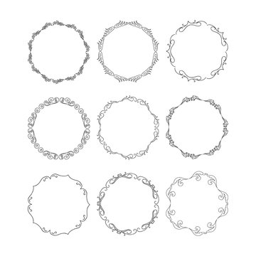 Hand drawn set of round frames. Vector isolated. Fancy design elements. 