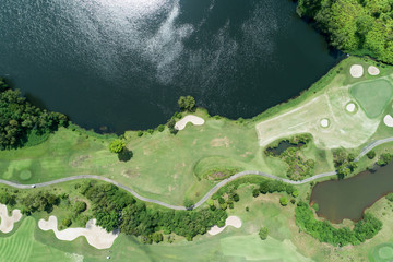 aerial view drone shot of beautiful golf course.